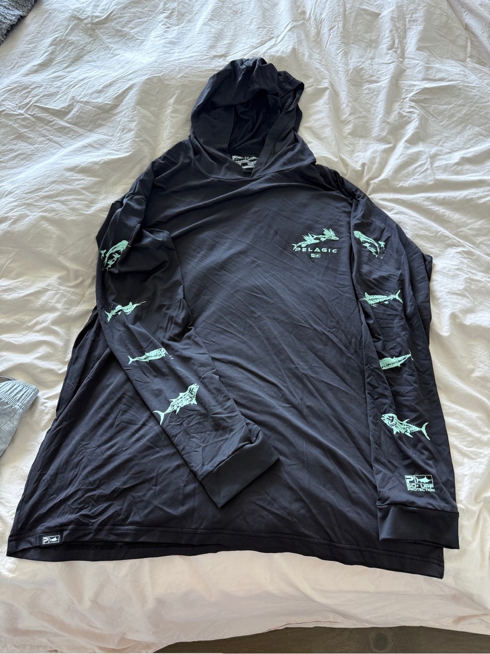 Pelagic Black Hooded Long-Sleeve Crewneck with Mint Fish Accents